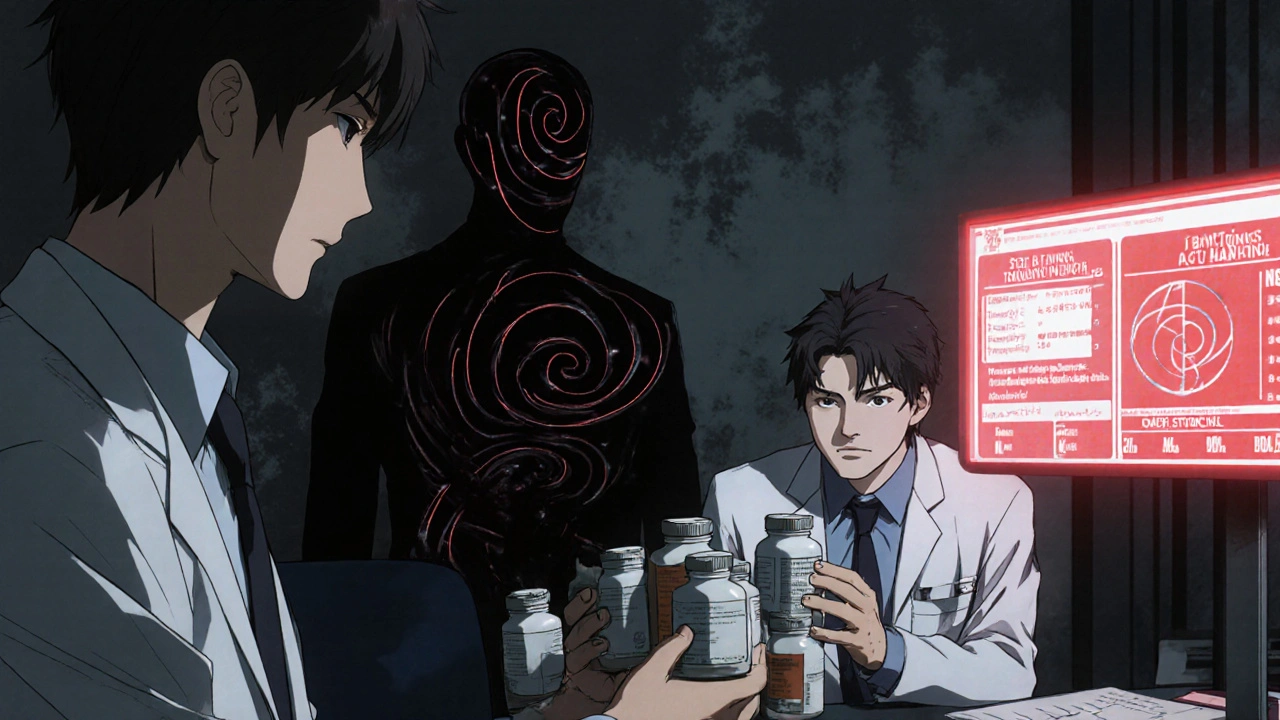 A doctor reviewing medication bottles while a shadowy figure of pills looms over the patient in a clinic.