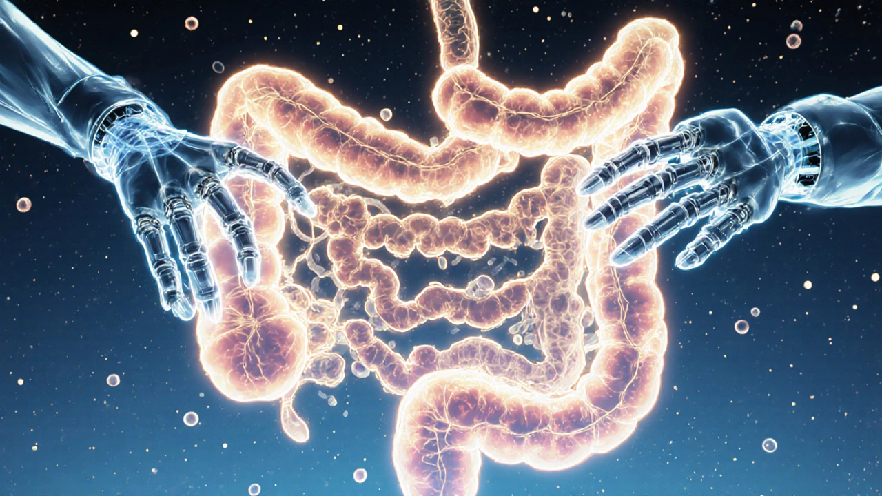 A dreamlike view of a colonoscopy where glowing polyps are removed by translucent hands in a luminous tunnel.