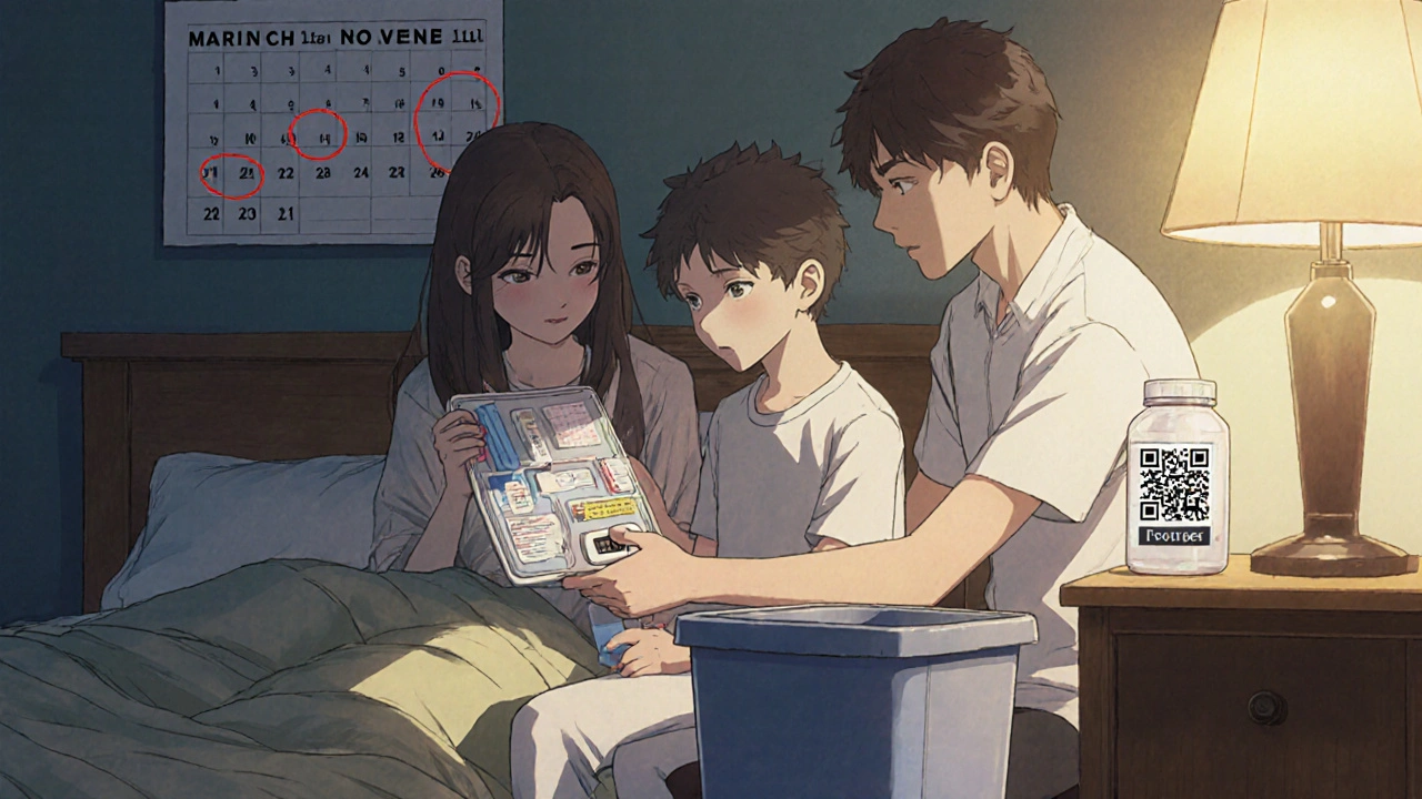 A family organizing a safe medicine kit in a bedroom, with a calendar marked for biannual checks.