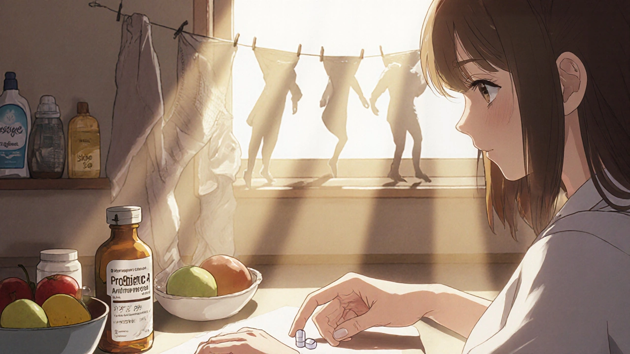 A hand placing probiotic and antifungal capsules beside antibiotics, with cotton underwear drying nearby.