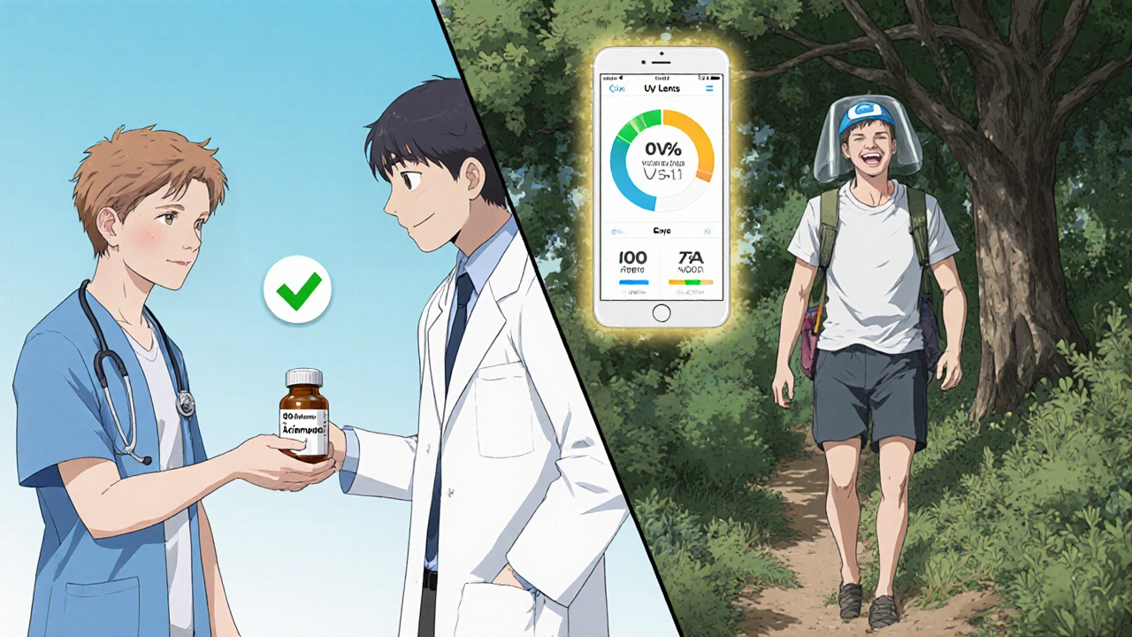 A patient receiving a safer antibiotic alternative while enjoying a sun-safe hike, with a UV app display floating nearby.