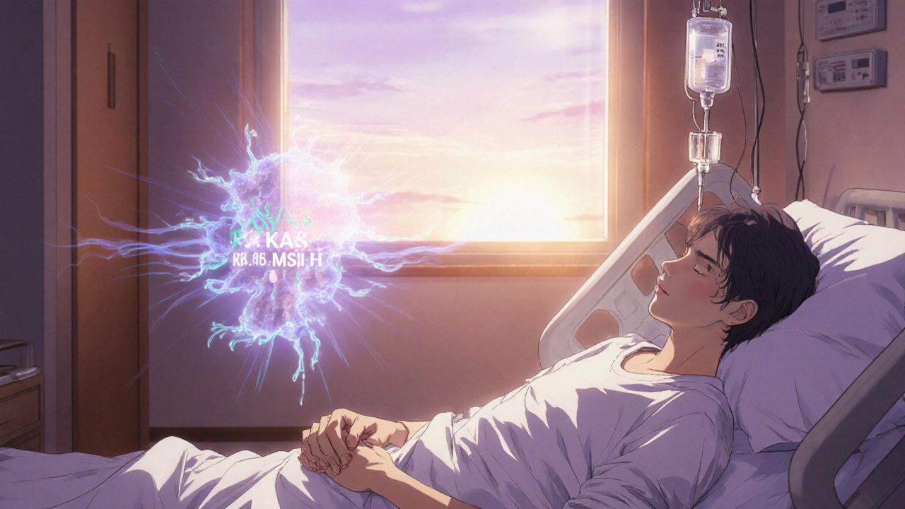 A patient receiving chemotherapy with a holographic genetic display nearby, bathed in warm sunrise light.