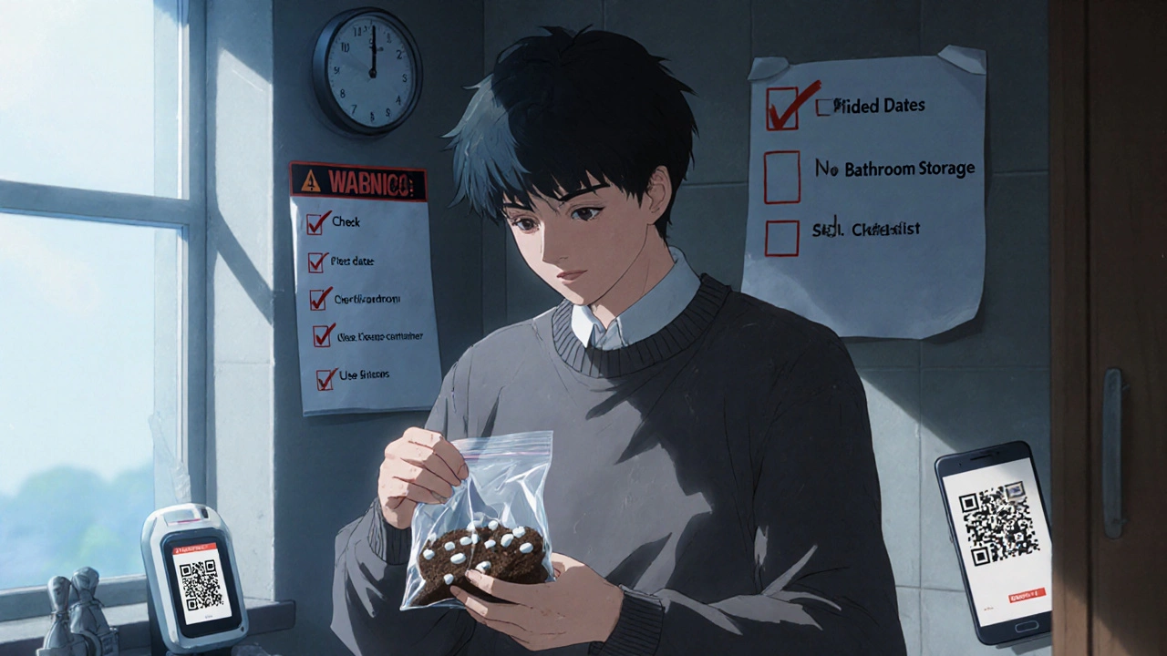 A person mixing expired medication with coffee grounds in a sealed bag, checklist visible on the wall.