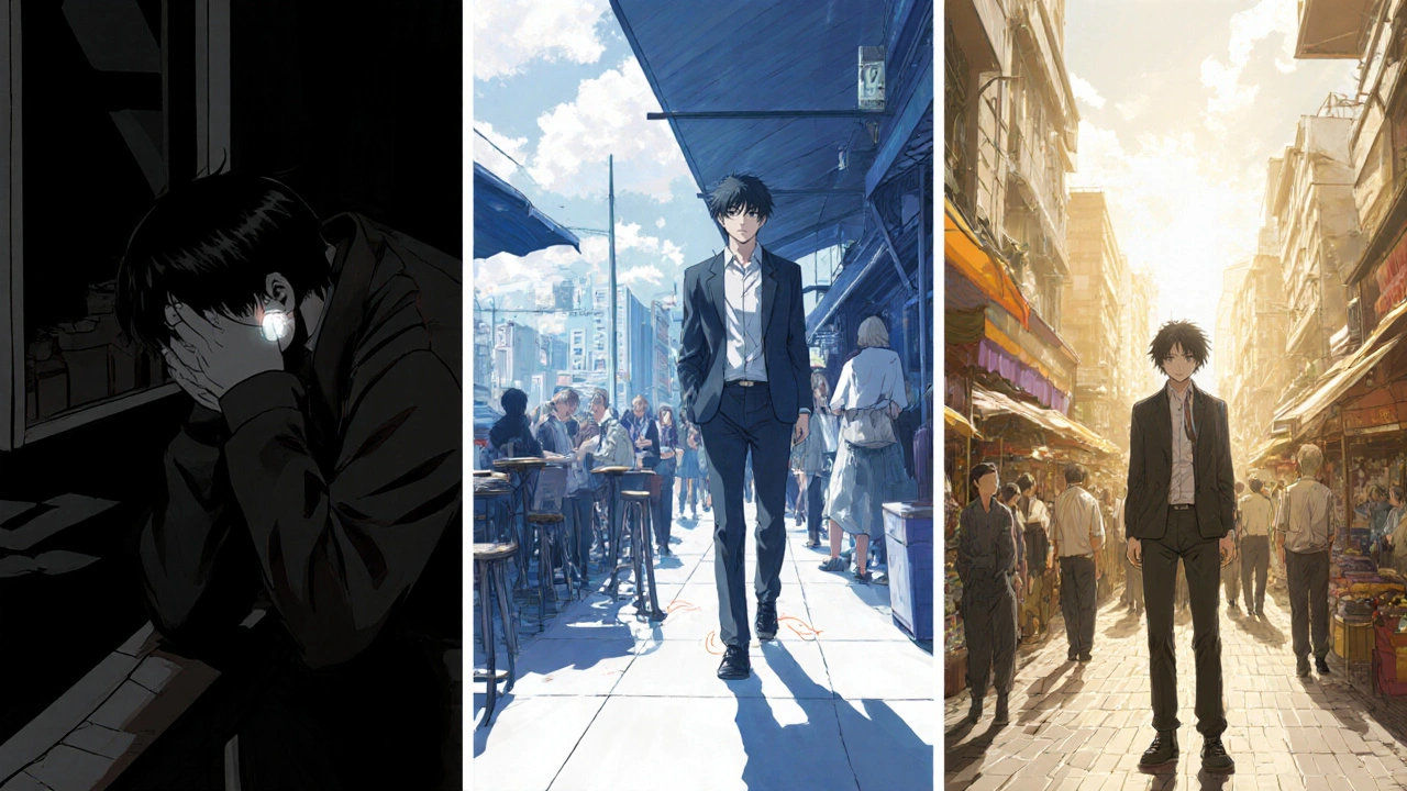 A person progressing from isolation to confidence, shown across three stages of sound desensitization therapy.