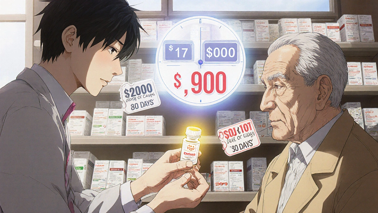 A pharmacist hands a low-cost generic pill bottle to an elderly patient with prices dramatically dropping in the background.
