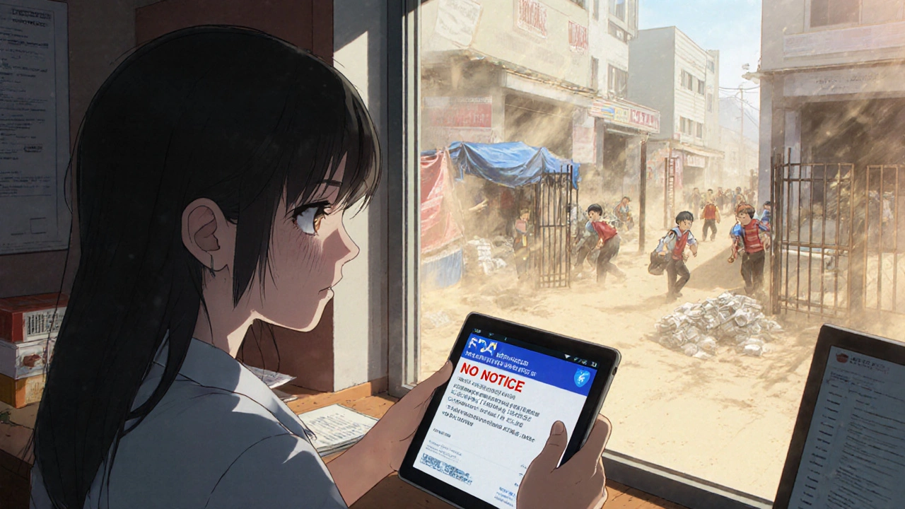 A quality manager watches an unannounced FDA inspection begin outside a factory gate.