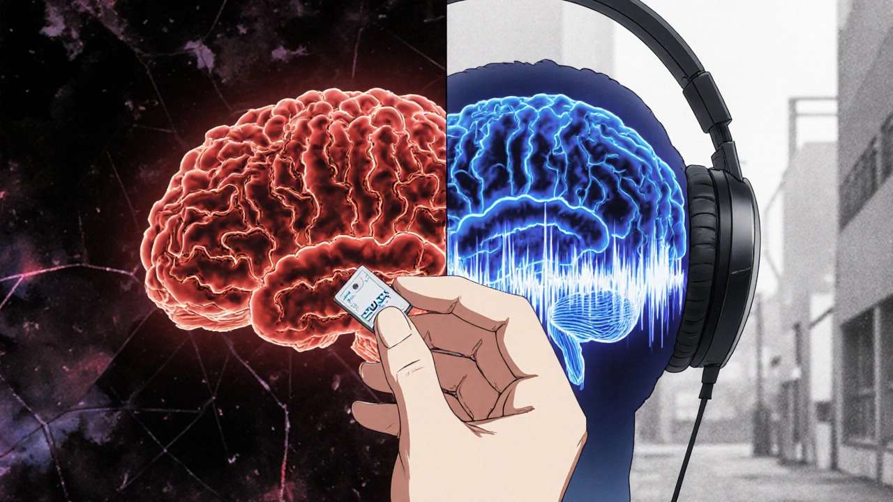 A split-image of a brain transforming from chaotic fear responses to calm neural pathways during sound therapy.