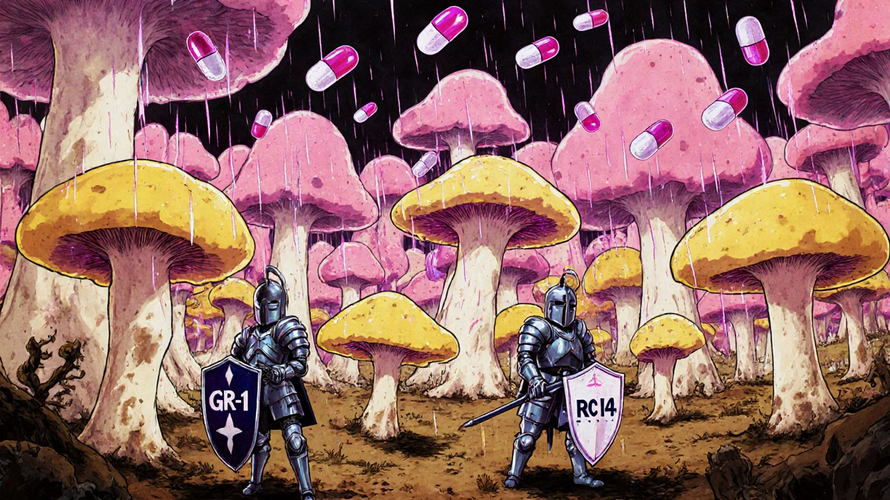A surreal battle inside the body: probiotic knights fight yeast towers under raining antibiotics.
