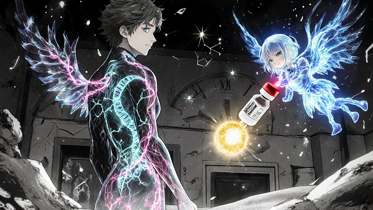 A surreal medical dreamscape shows cancer as vines being fought by glowing mRNA and immunotherapy angels.