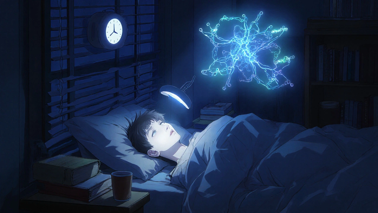 A young adult awake at 4 a.m. in a dorm, bathed in the white glow of a light box while biological gene patterns float nearby.