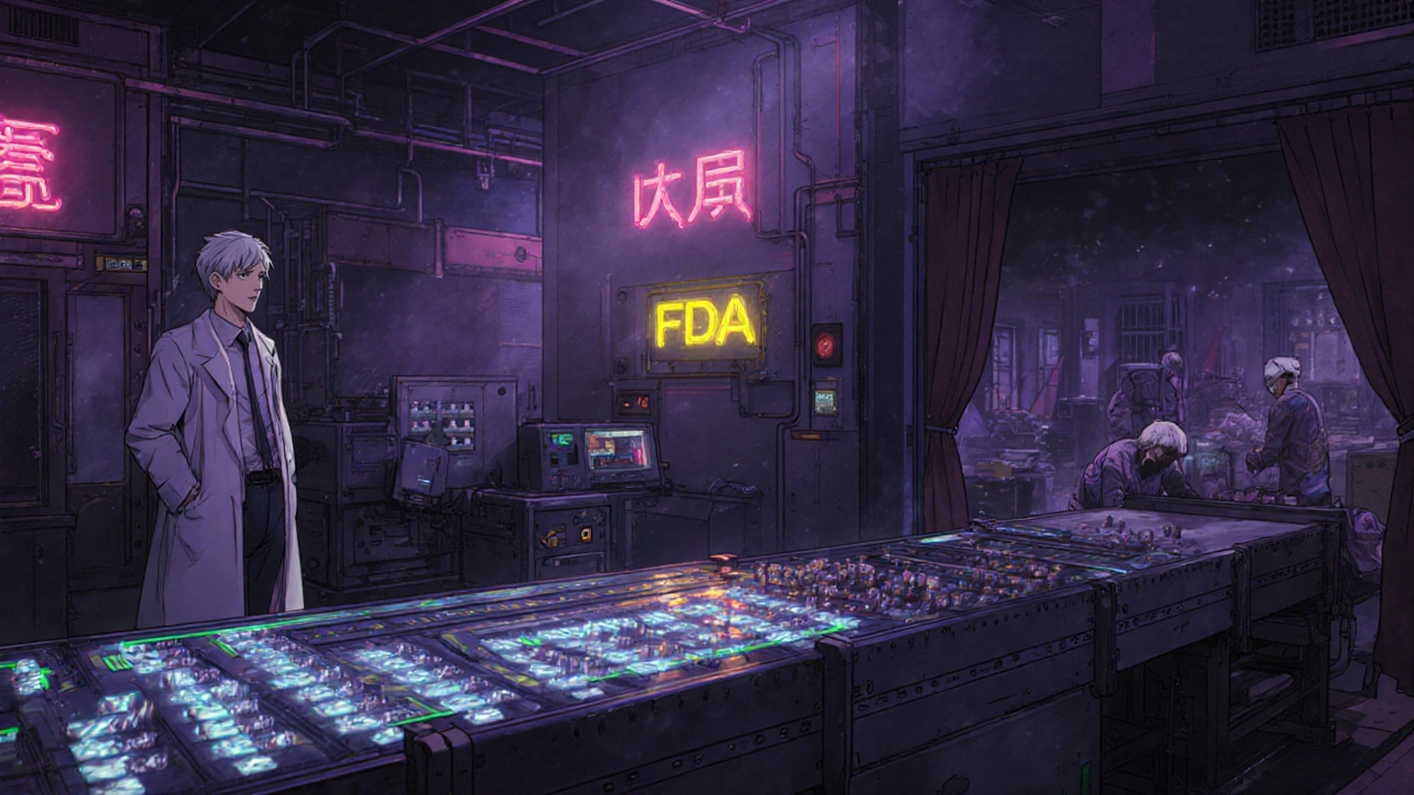 AI-powered quality control system in a high-tech factory contrasted with a crumbling nearby facility.