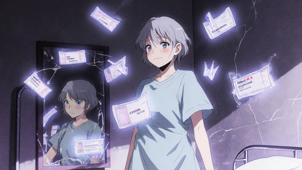 An elderly woman surrounded by floating prescription labels, reflecting her younger self in a cracked mirror.