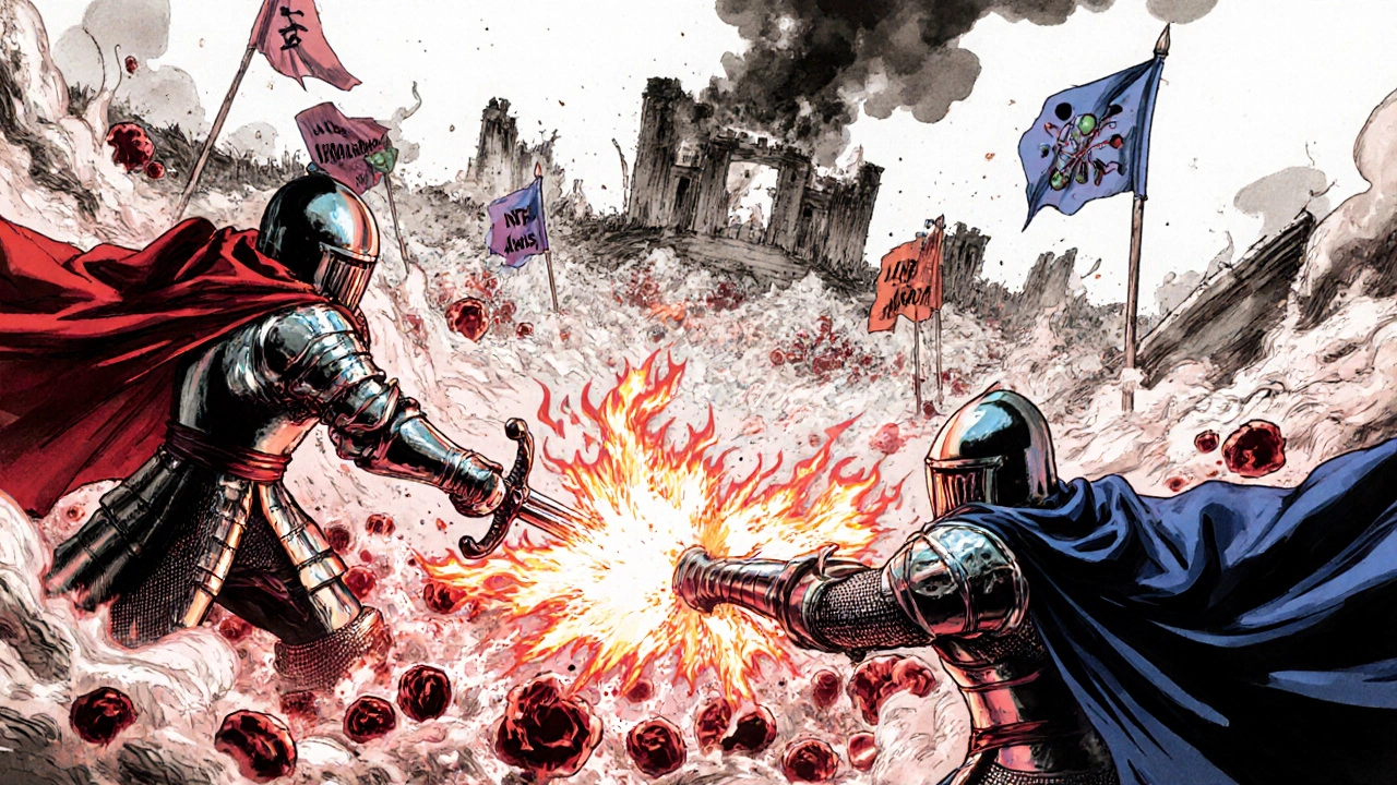 Battle inside body: corticosteroid knights fighting inflammatory cytokines.