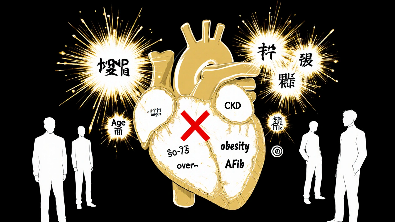 Conceptual heart with golden NT-proBNP sparks radiating, labeled by age and conditions, shadowy misdiagnoses fading behind.
