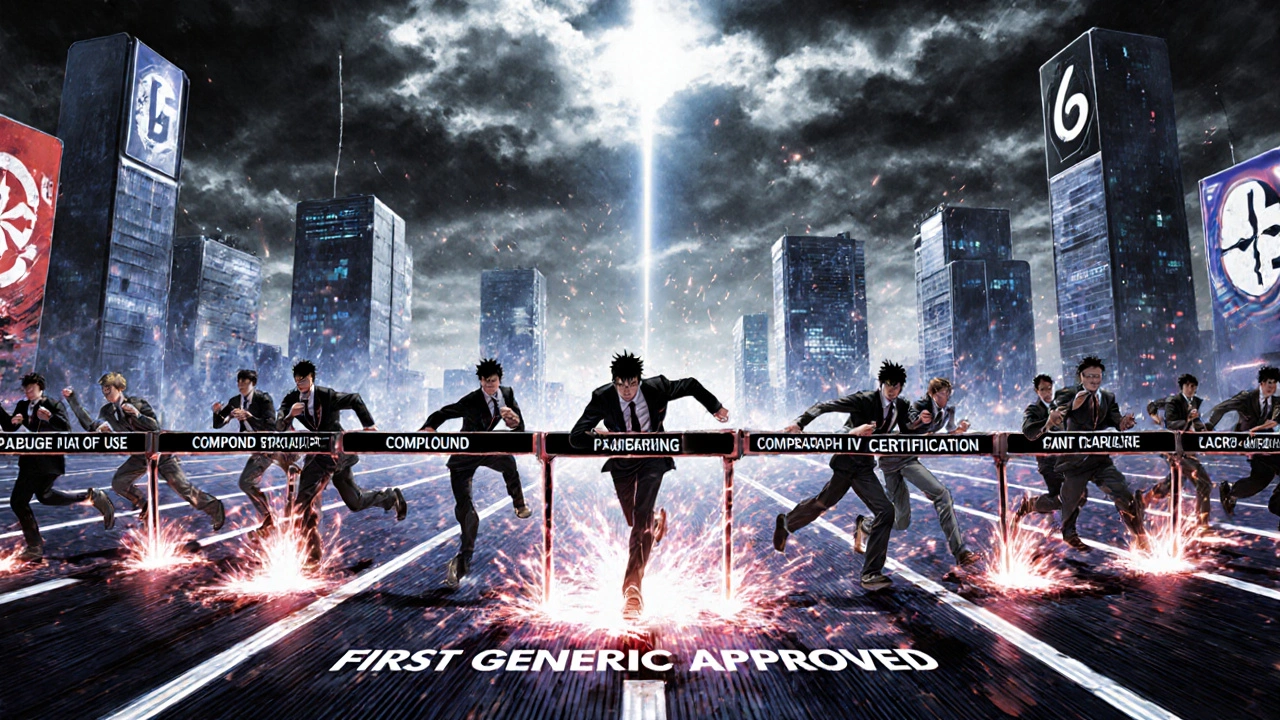 Corporate teams race through a maze of patents to be the first to submit a generic drug application.