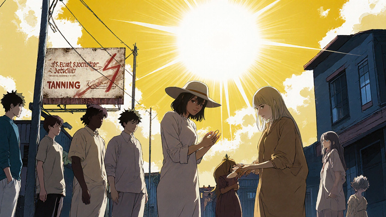 Diverse individuals protect themselves from sun exposure in a rural town under harsh UV rays.