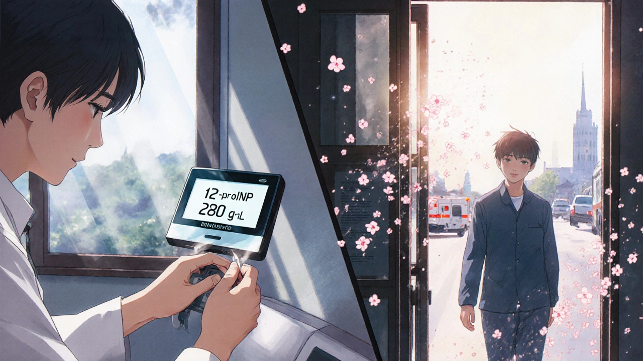 Doctor using point-of-care device in rural clinic as patient walks out smiling, NT-proBNP levels fading like petals.