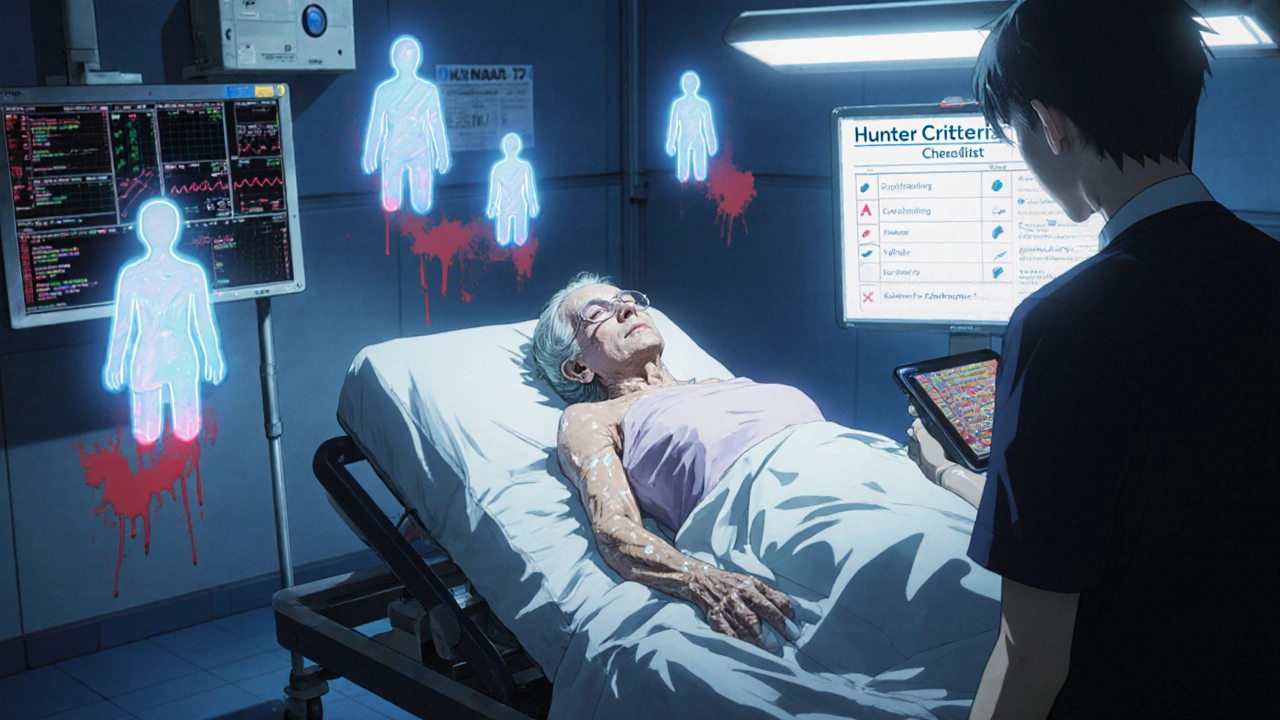 Elderly woman in ER with fever and muscle rigidity, medical monitors flashing urgently.