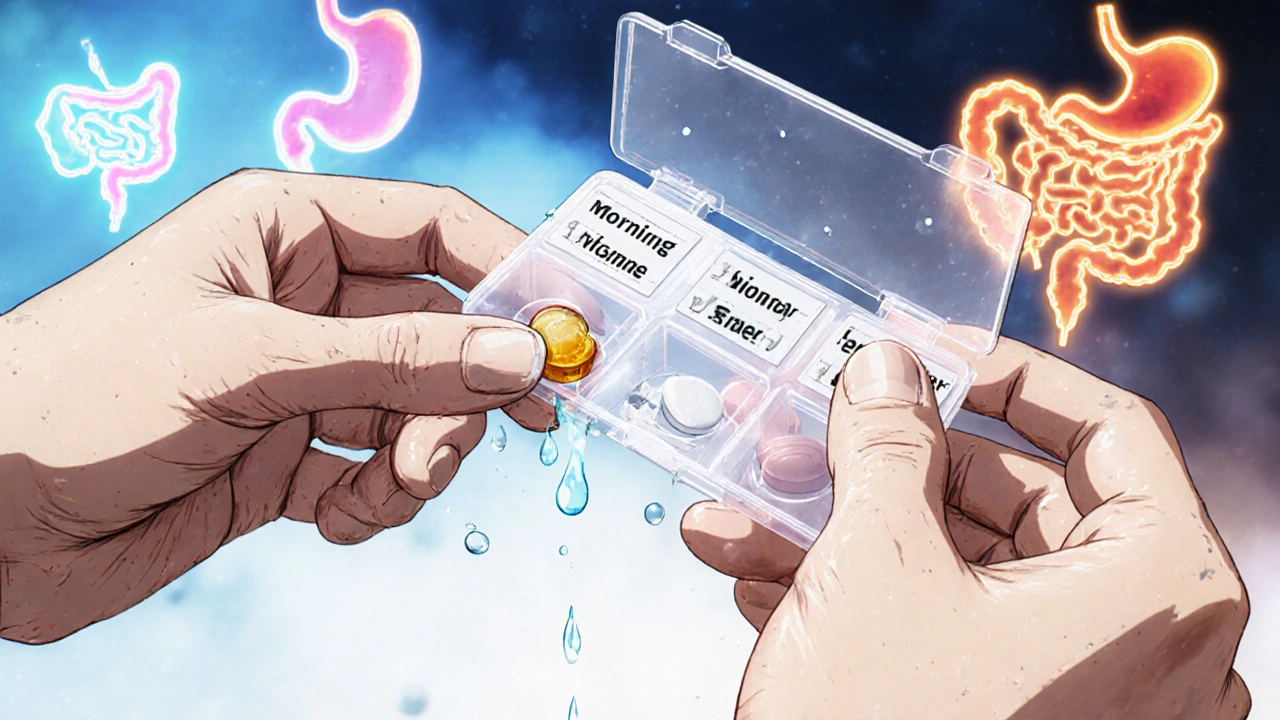 Hands holding a chewable bariatric vitamin and a labeled pill organizer with daily doses.