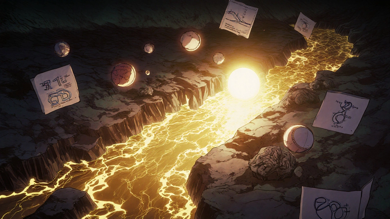 Inner view of a rerouted digestive system with fading nutrients, one glowing B12 tablet restoring light.