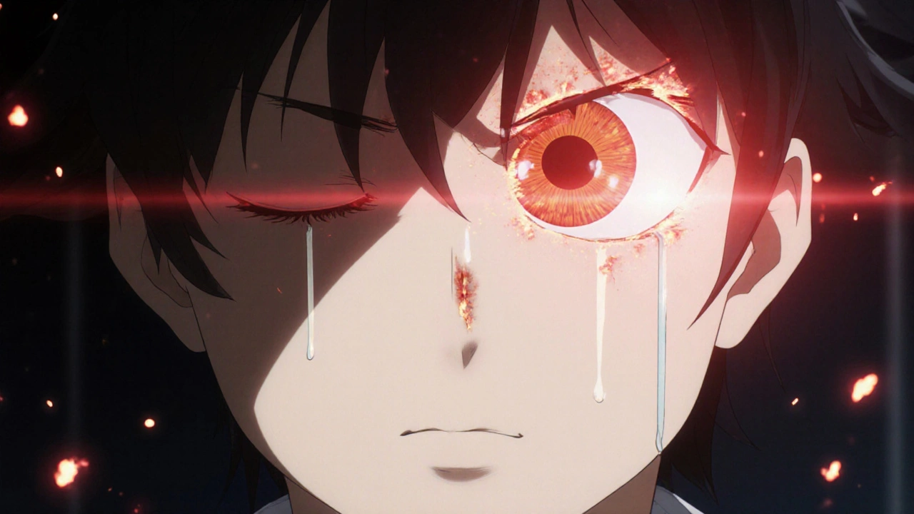 Laser beams targeting the retina during treatment to stop abnormal blood vessel growth.