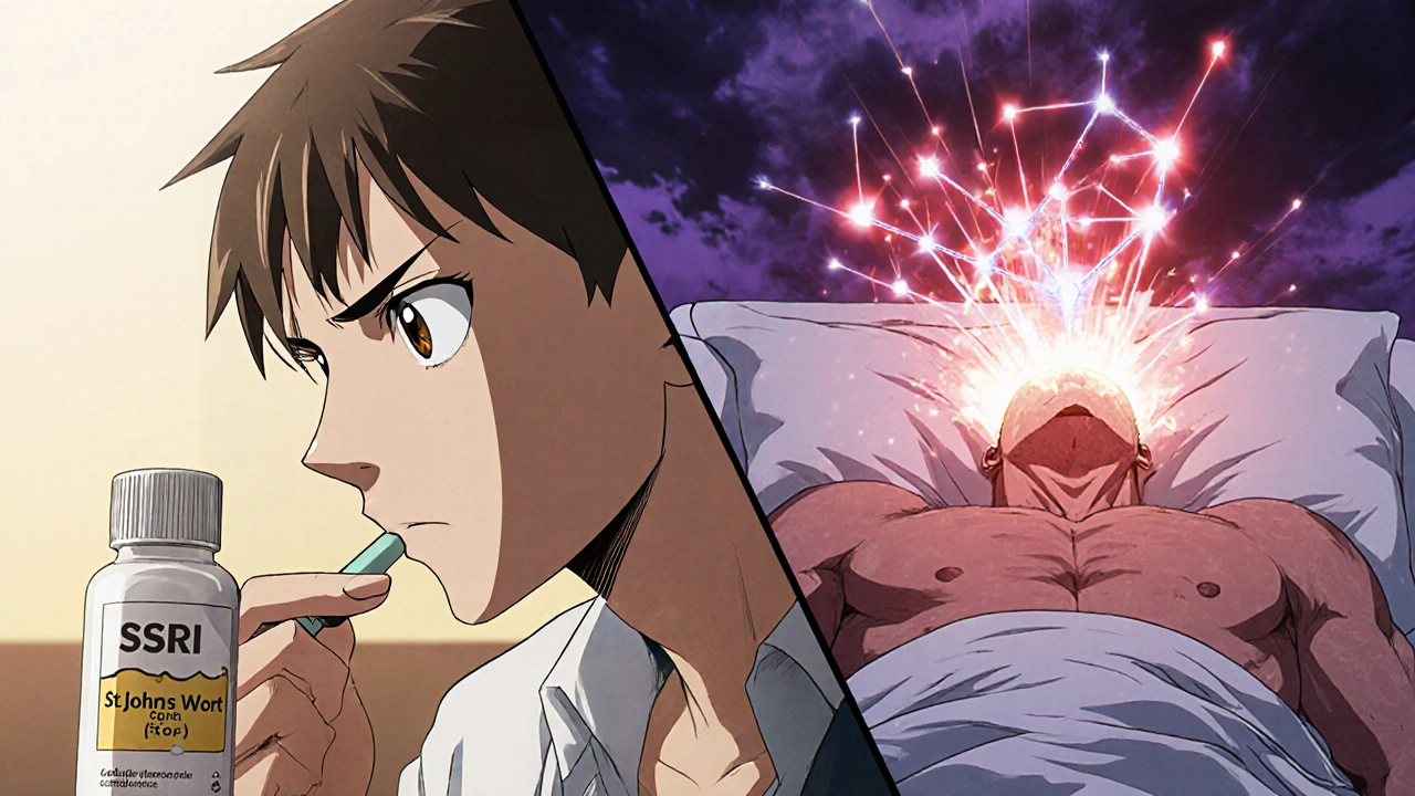 Man taking St. John’s Wort with SSRI, transitioning to hospital collapse with serotonin explosion.