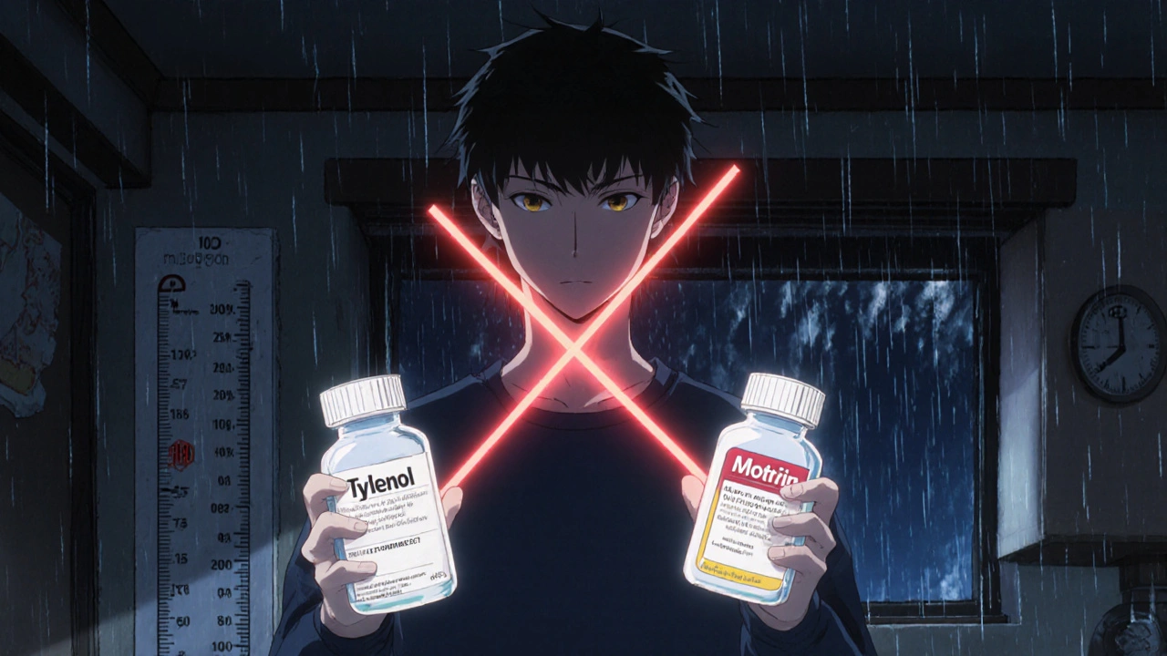 Parent holding empty medicine bottles with a warning line between them, child&#039;s growth chart visible in dim kitchen.