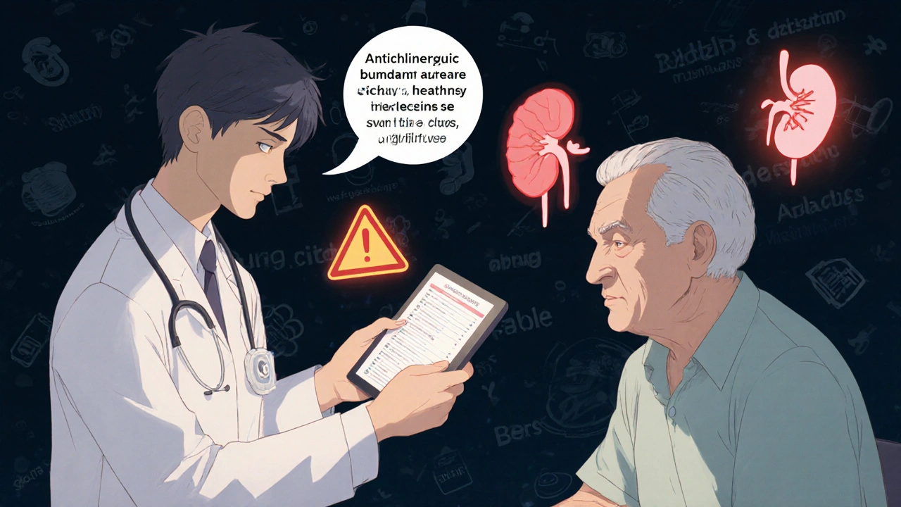 Pharmacist reviewing medication list with warning icons for senior drug risks.