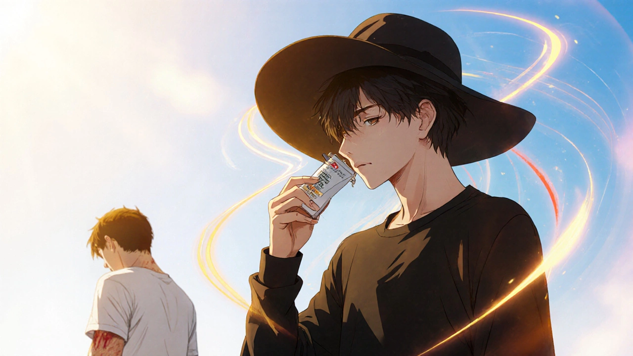 Someone applying SPF 50+ sunscreen outdoors wearing protective clothing, with invisible UV rays radiating around them.