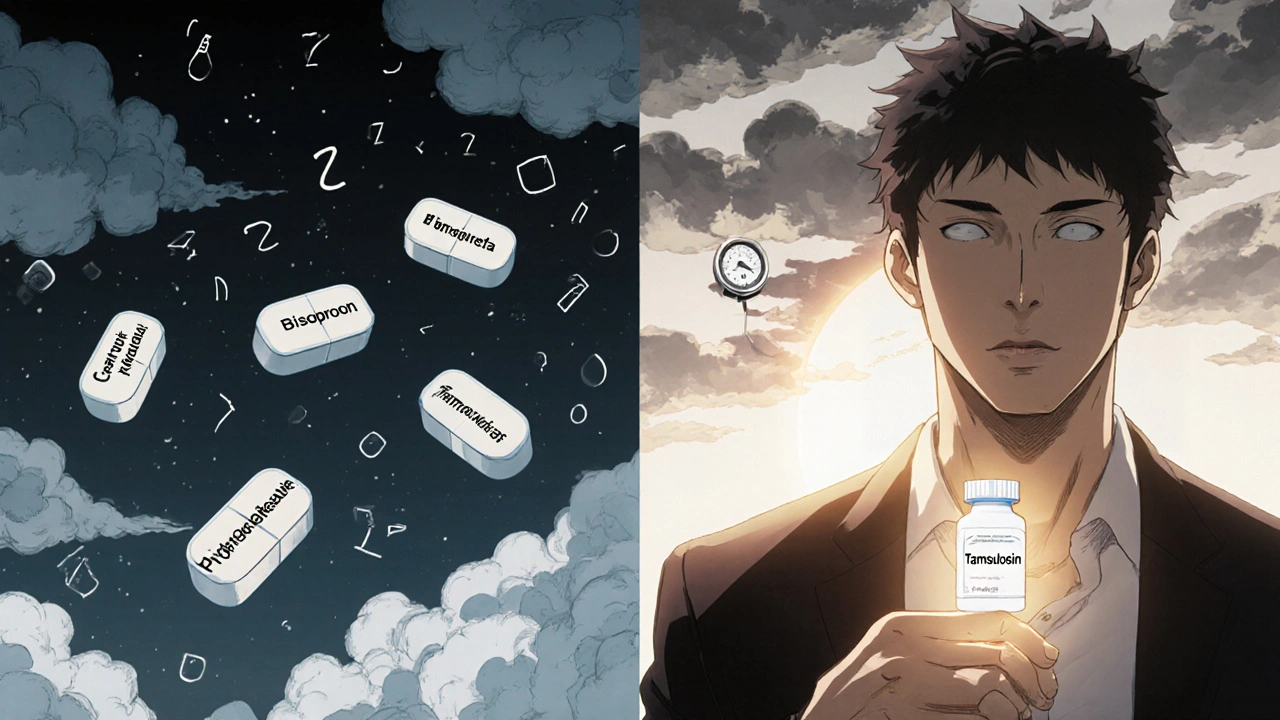 Split image: man weighed down by multiple pills vs. relieved with single targeted medication.