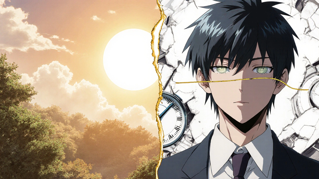 Split image: one side shows peaceful wakefulness at noon, the other shows exhaustion under office lights, connected by a golden thread.