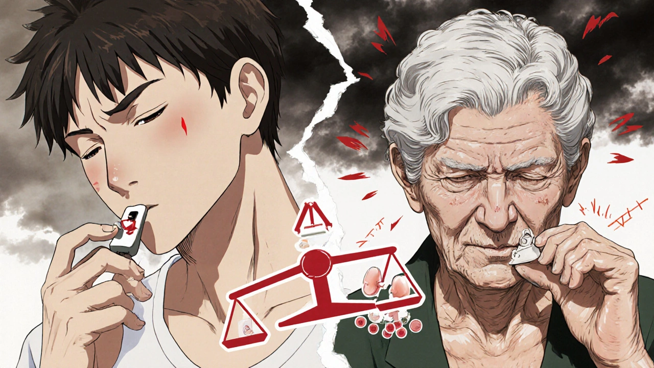 Split image showing young vs elderly body response to the same medication.