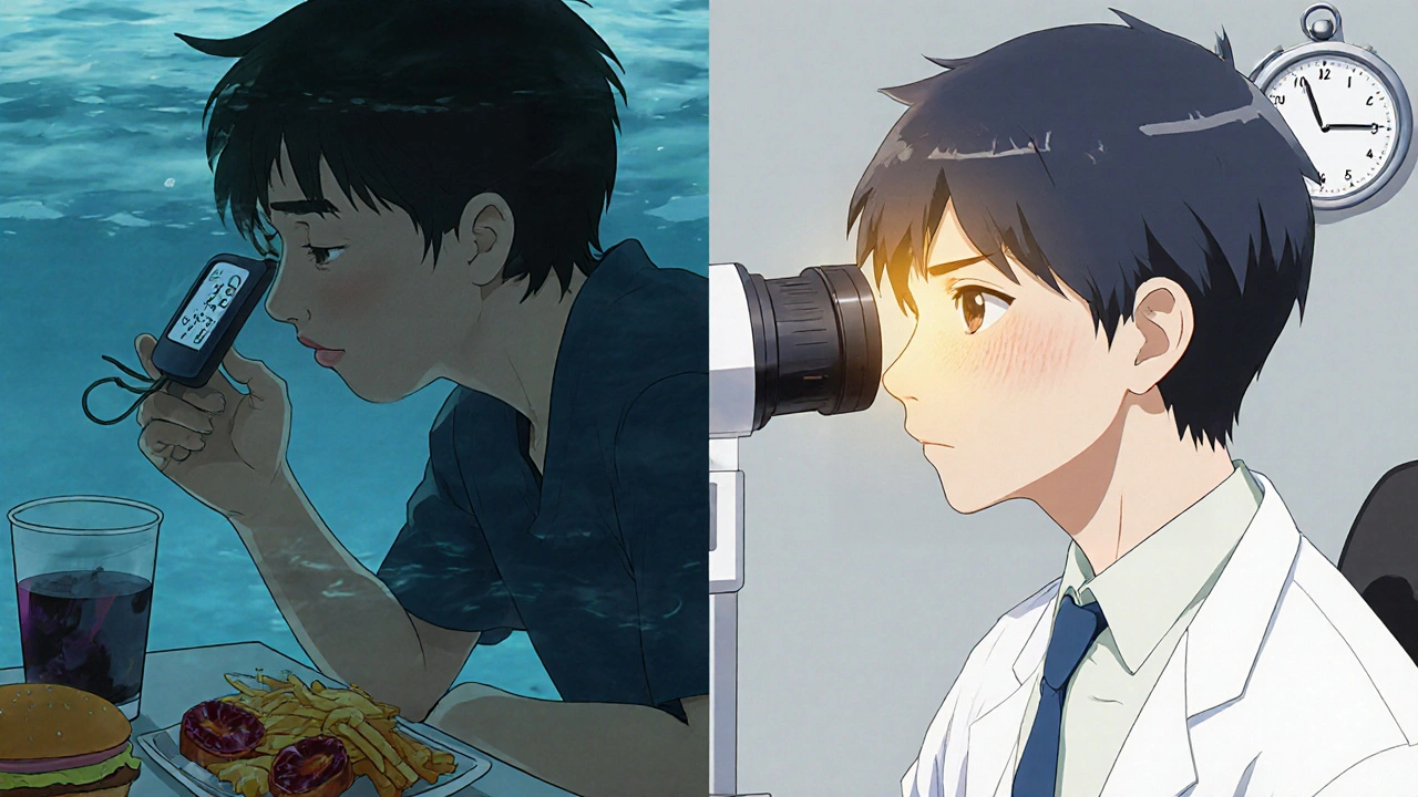 Split scene: neglecting diabetes vs. getting screened, with glowing eyes symbolizing preserved vision.