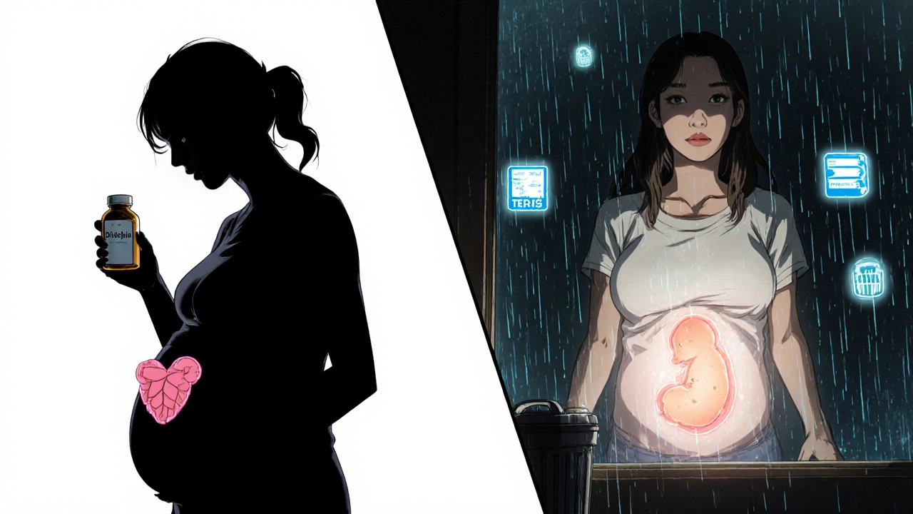 Split scene: pregnant woman discarding risky medication in first trimester, replaced by safe alternative in second trimester.