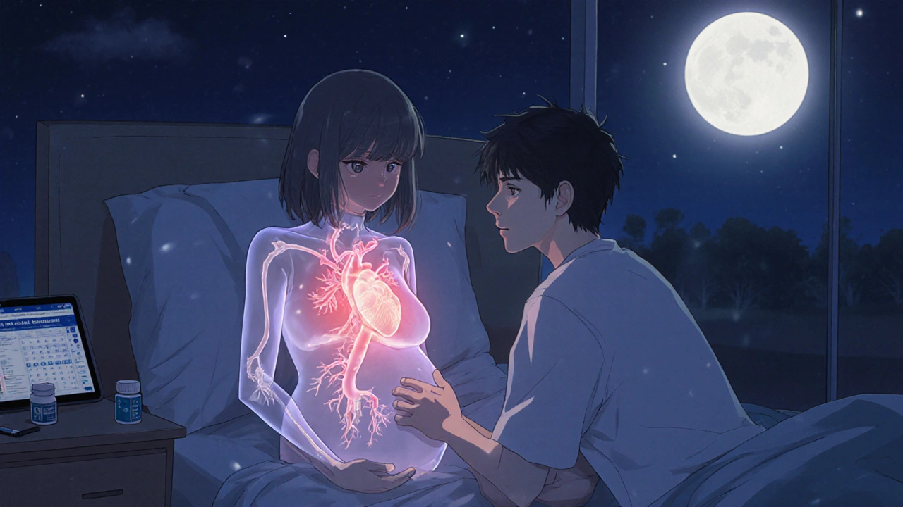 Third-trimester woman reducing SSRI dosage as fetal heart vessel glows and withdraws, partner beside her in calm hospital room.