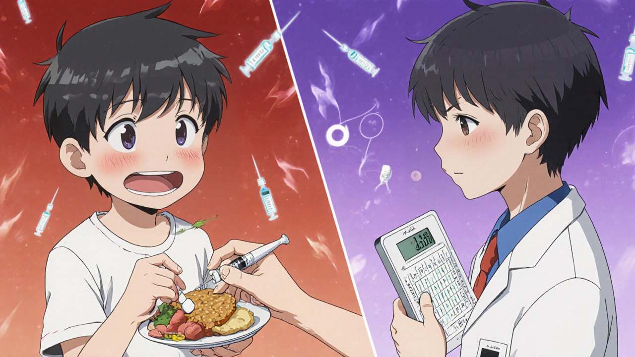 Two children receiving different fever treatments, one with swollen gums, one with high fever, under medical supervision.