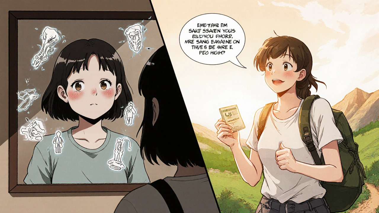 Woman comparing her steroid-affected appearance to her restored health.