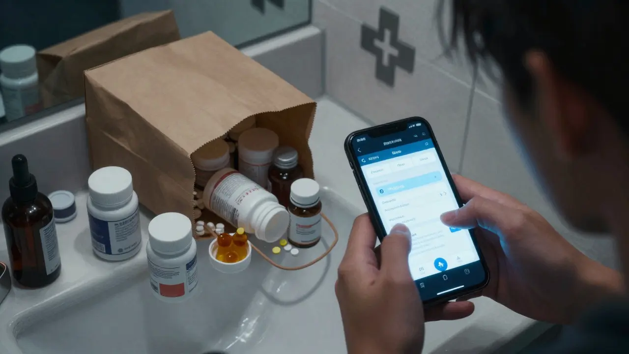 A bathroom counter at night shows spilled pill bottles and a smartphone displaying a medication app under blue light.