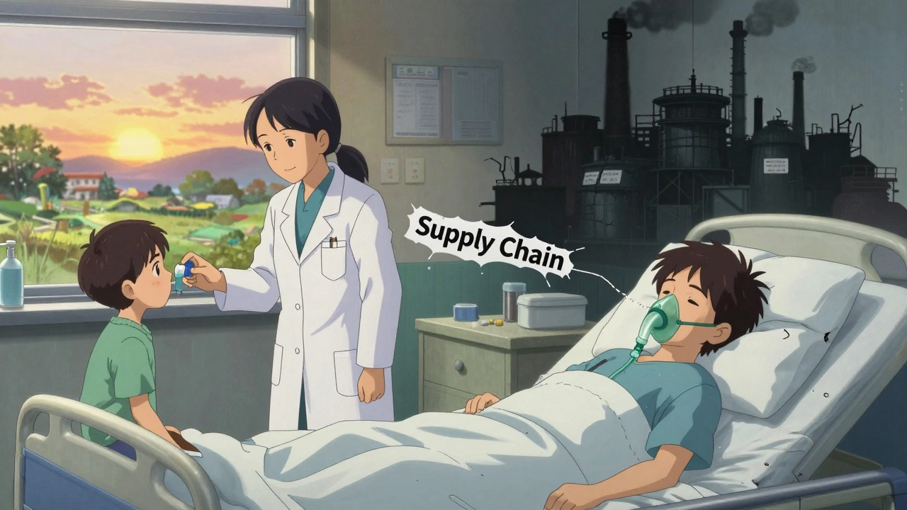 A child receives an inhaler in a rural clinic, while a broken factory in the background symbolizes the failing drug supply chain.