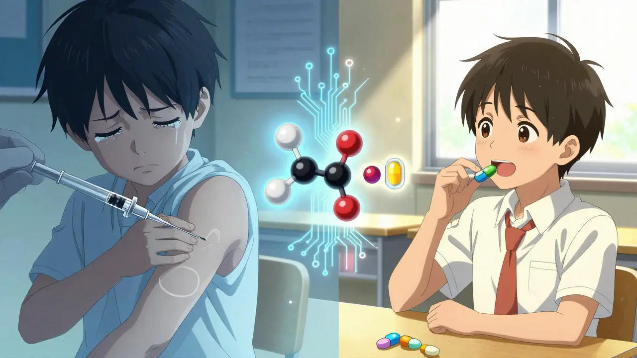 A child transitioning from painful injection to swallowing a chewable tablet at school.