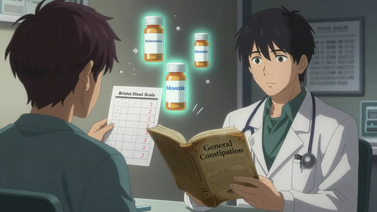 A doctor and patient discuss constipation using a Bristol Stool Scale, with prescription bottles floating nearby.