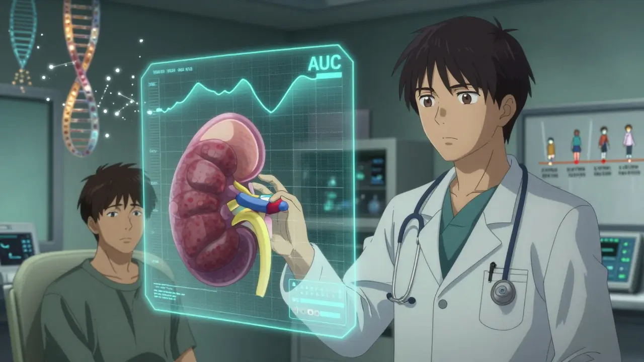 A doctor and patient viewing a holographic kidney with drug concentration graphs and genetic data.