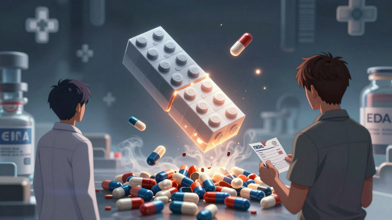 A modular pill snaps together above scattered generic pills that fade to smoke, doctor and patient watching.