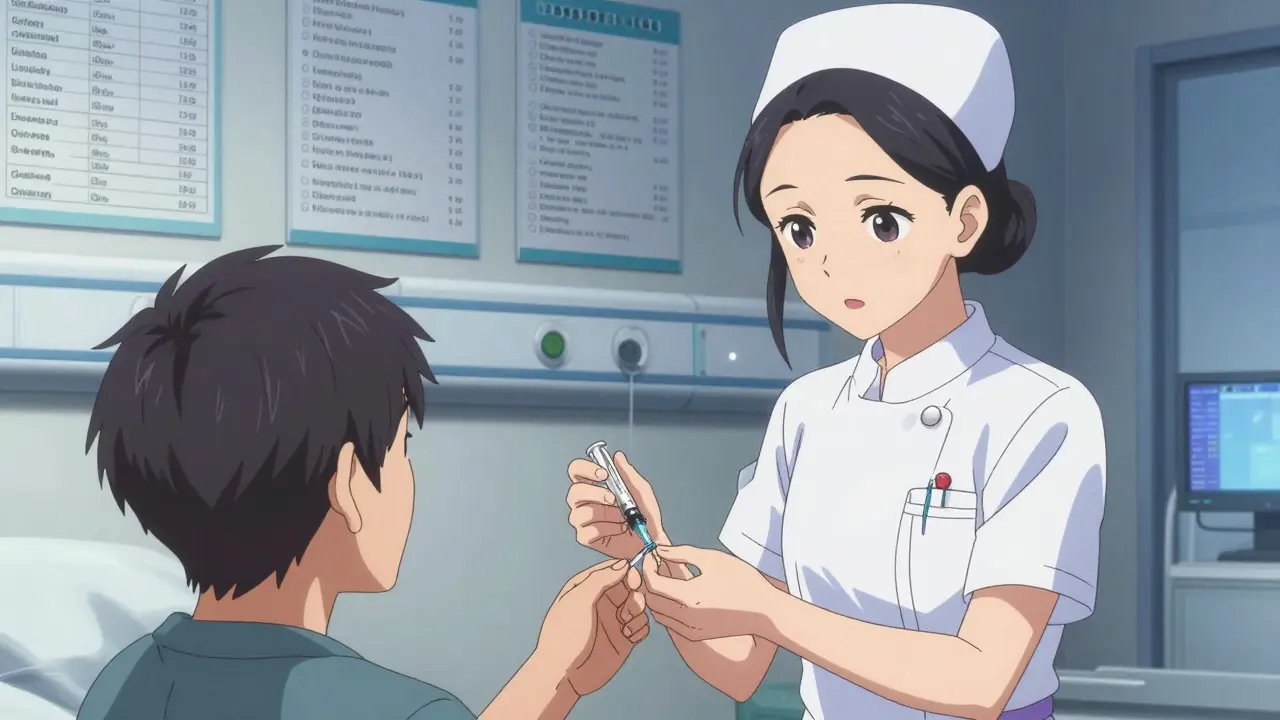 A nurse watches a patient safely administer insulin, with multilingual labels visible in the background.