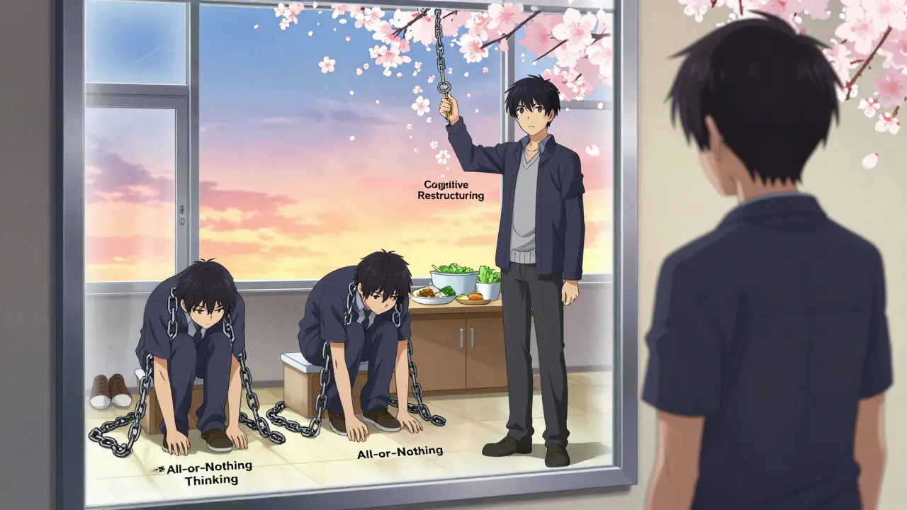 A person confronting two versions of themselves in a mirror, breaking free from rigid thinking patterns.