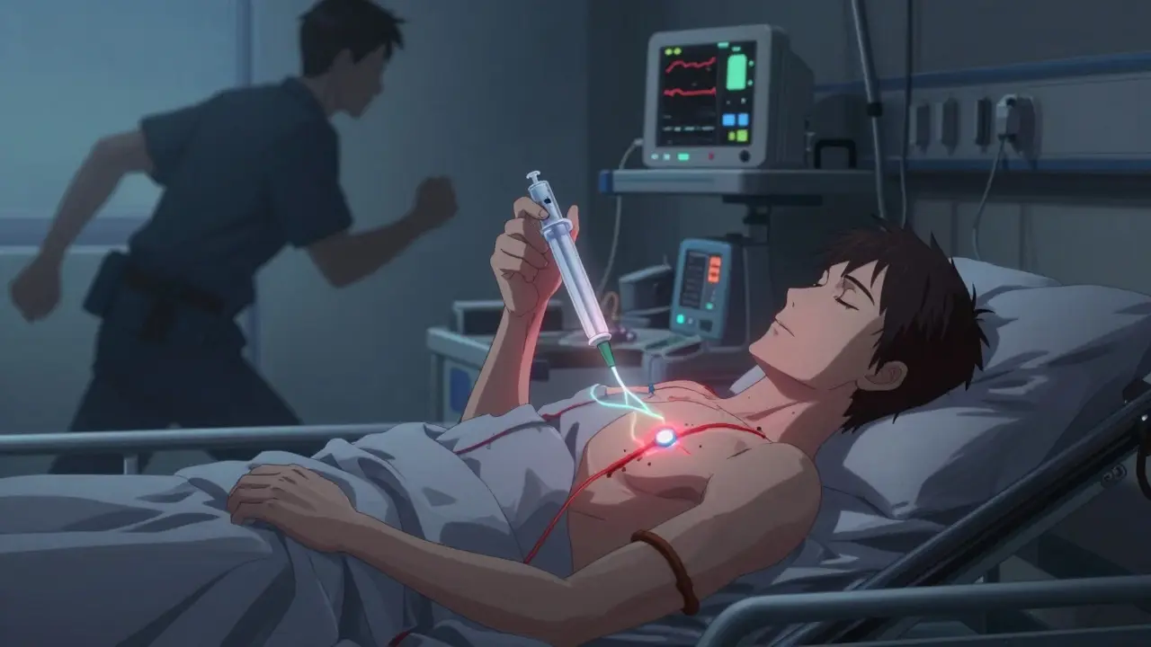 A person lying on a hospital gurney with an empty injector and a spare device, medical monitors in background.