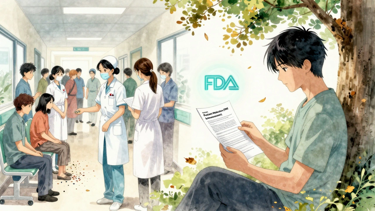 A person reading a standardized Patient Medication Information document under a tree.