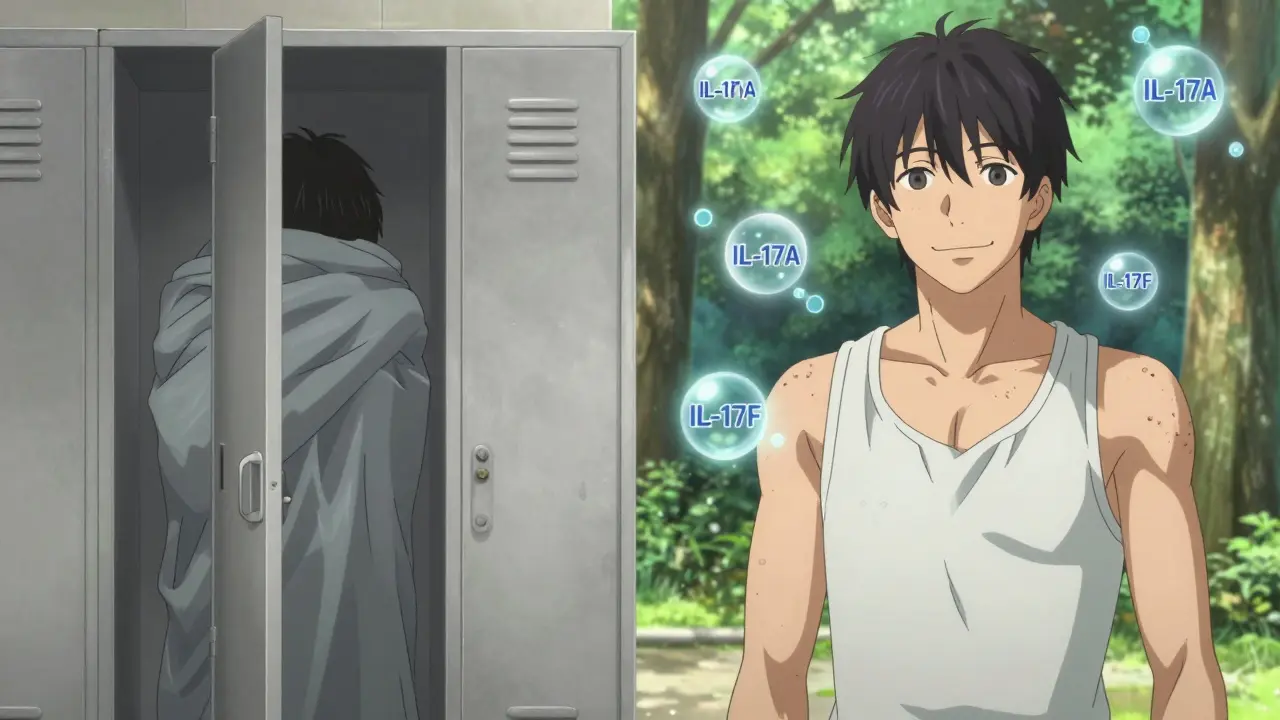 A person transitioning from hiding in clothing to wearing a tank top confidently, symbolizing hope and recovery.