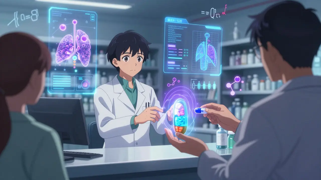 A pharmacist handing a 3D-printed timed-release pill with holographic drug delivery tech in background.