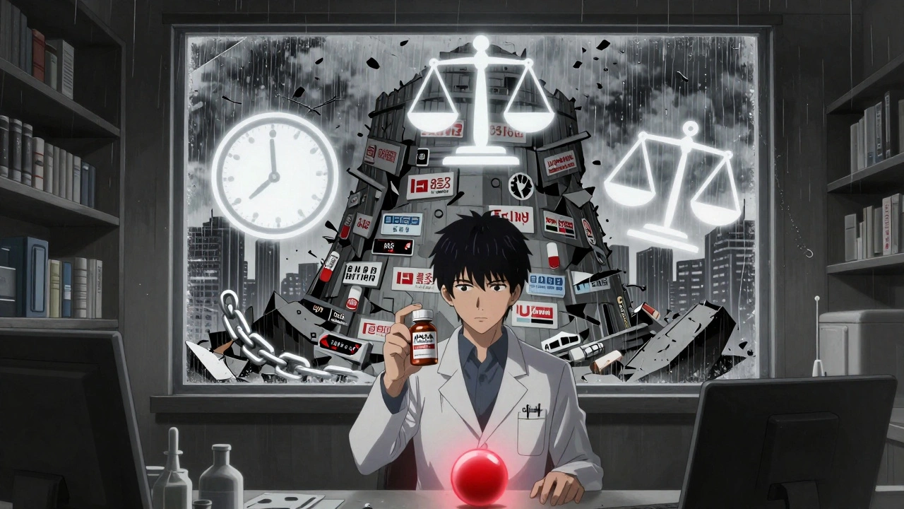 A pharmacist holding an approved generic pill as brand-name drug monuments crumble behind them.